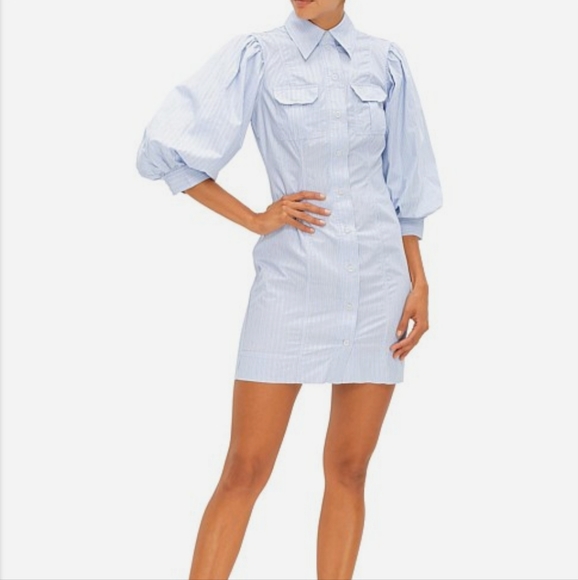 Ganni Dresses & Skirts - Ganni Blue Stripe 100% Cotton Puff Sleeve Shirtdress Mini Dress Academia Minimal